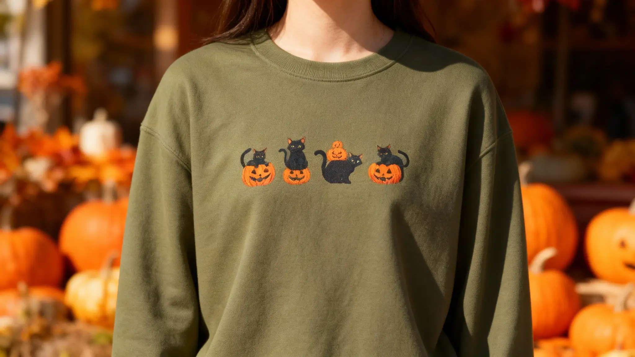 Cats + Pumpkins T-Shirt - Green On Model